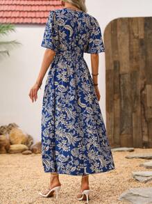 Breezaya Twisted Knot Front Floral Print Side Slit Dress With Open Back Design Maxi Women Outfit - Multicolor - View 2