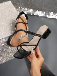 Square Toe Thick Heel Rhinestone Sandals For Women, Beige Fairy-Style High Heels Suitable For Dates, Banquets, Commuting, Parties, Summer & Autumn - Black - View 1