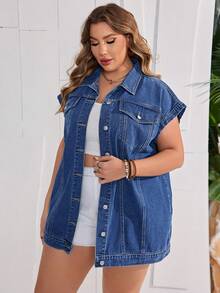 SHEIN LUNE Của phụ nữ Kích thước lớn tay cánh Áo khoác denim - Màu xanh lam - Xem 5