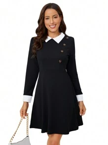 SHEIN Clasi Vestido de cuello en contraste con diseño de botón - Blanco y Negro - Ver 8