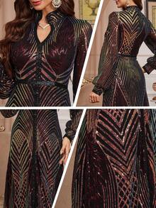 Women's Long Sleeve Modest Dress With Small Notched Neck, Sequin Decoration And Arabian Robe Style (Non-Positioning Cut Flowers) - Black - View 4