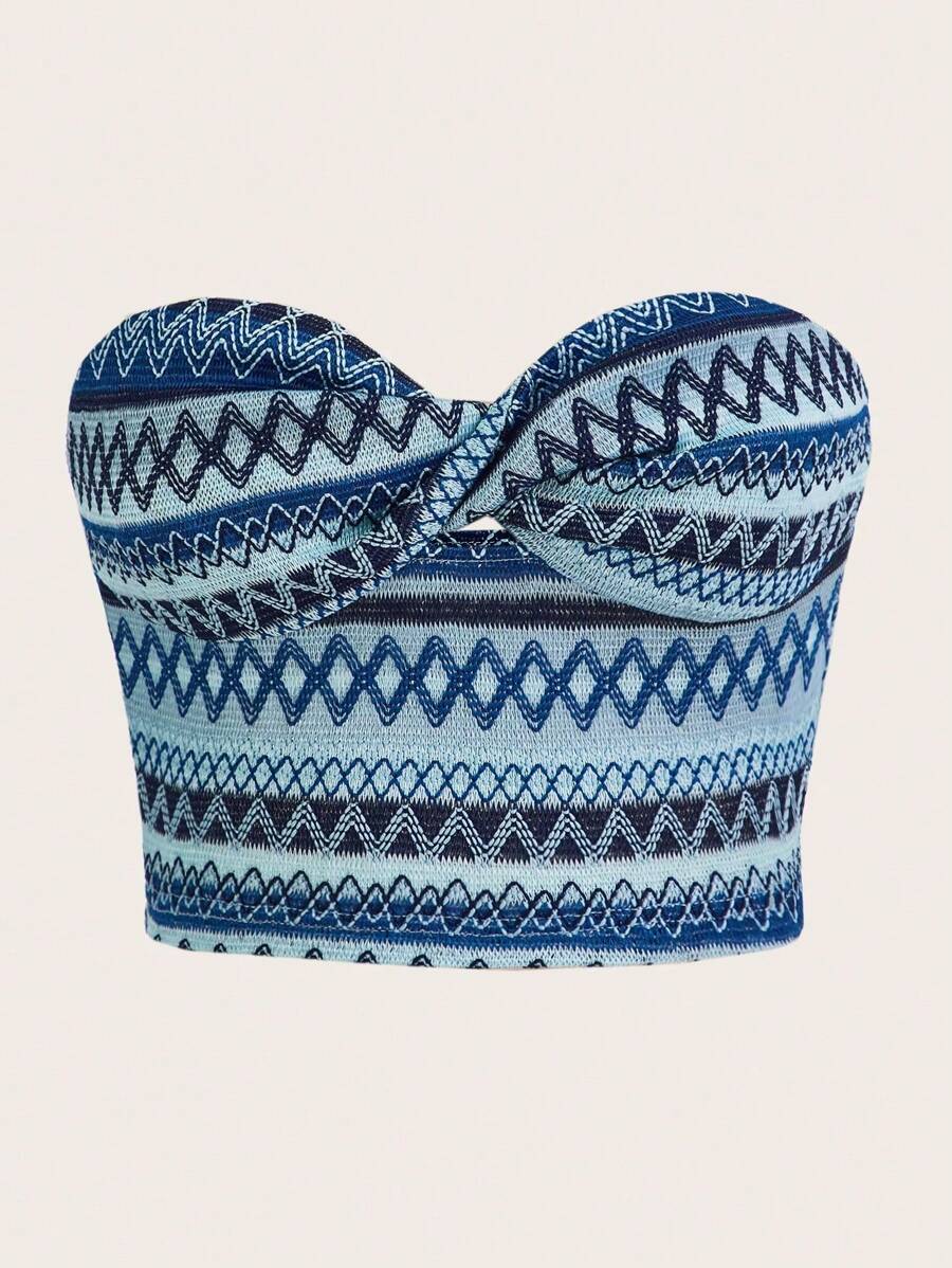 SHEIN ICON Geo Print Twist Front Tube Crop Women Top - Blue - View 1