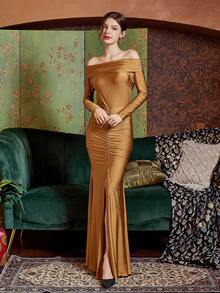 Long Sleeve Slim Fit Evening Party Dress - Brown - View 5