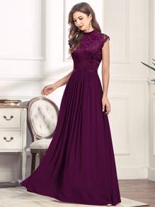 MIUSOL Elegant Floral Lace Mock Neck Cap Sleeve Pleated Hem Prom Party Dress - Maroon - View 6