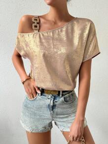 SHEIN Privé 女士不對稱領口金屬蝙蝠短袖襯衫 - 金色 - 查看 1