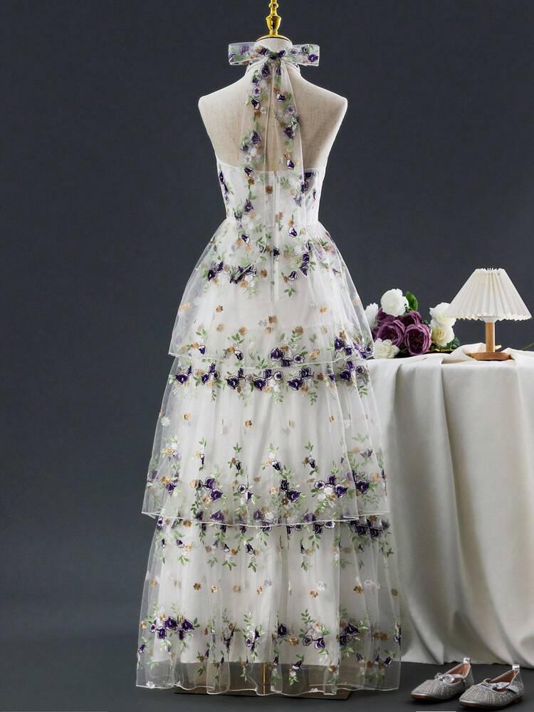 Elegant Net Yarn Multi-Layer Cake Dress Embroidered Halter Neck, Suitable For Teen Girls Wedding Season, Birthday Party, Evening Show, Wedding, Four Seasons