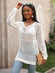 Chiquease Women's Hollow Out Split Hem Sweater Knit Pullover Fall Winter Outfit - White - View 5