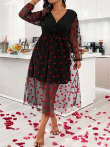 SHEIN Clasi Plus Size V-Neck Mesh Splice Dress - Black - View 4