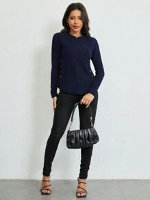 SHEIN LUNE Button Detail Ribbed Knit Tee Fall Cloth For Women