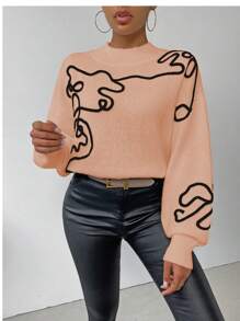 SHEIN LUNE Women's Stand Collar Drop Shoulder Long Sleeve Sweater With Pattern Design, Knit Pullover Fall Winter - Orange - View 1