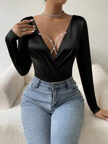 Allurite 女士連身衣,鑽石裝飾 - 黑色 - 查看 5