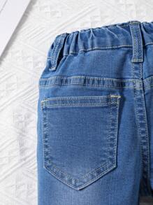 Baby Girl Mid Wash Embroidered Stretch Denim Jeans - Medium Wash - View 6