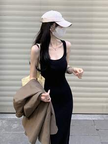 U领无袖纯色修身针织连衣裙，休闲春夏款，黑色 - 黑色 - 查看 5