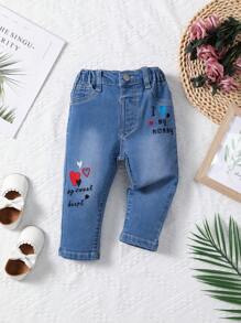 Baby Girl Mid Wash Embroidered Stretch Denim Jeans - Medium Wash - View 1