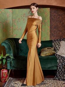 Long Sleeve Slim Fit Evening Party Dress - Brown - View 4