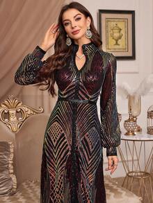 Women's Long Sleeve Modest Dress With Small Notched Neck, Sequin Decoration And Arabian Robe Style (Non-Positioning Cut Flowers) - Black - View 3