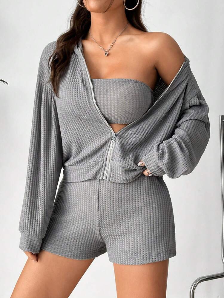 Women's 3-Piece Set Of Textured Tube Top, Casual Shorts And Hooded Cardigan Sweatshirt, College Style Fall Cloth For Women