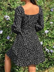 Flirla Women's Full-Printed Heart Patterned Lantern Sleeve Dress - Black - View 2