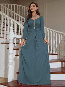 水晶缀饰灯笼袖褶饰伴娘礼服 - 霧霾藍 - 查看 7