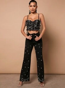 SHEIN Haute Ruffle Rhinestone Trim Bustier Top - Black - View 3