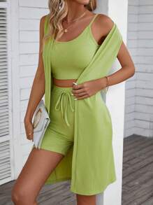 VaVaBold Của phụ nữ Màu thuần Dài Áo vest Áo Và Áo ba lỗ Bộ quần short - màu xanh lá - Xem 5