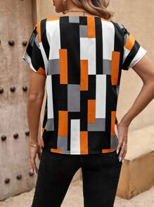 EMERY ROSE Geometric Print Notched Collar Shirt,Short Sleeve Tops - Orange - View 2