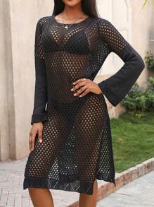 Breezaya 1pc Solid Color Long Sleeve Hollow Out Knitted Sweater Dress - Black - View 6