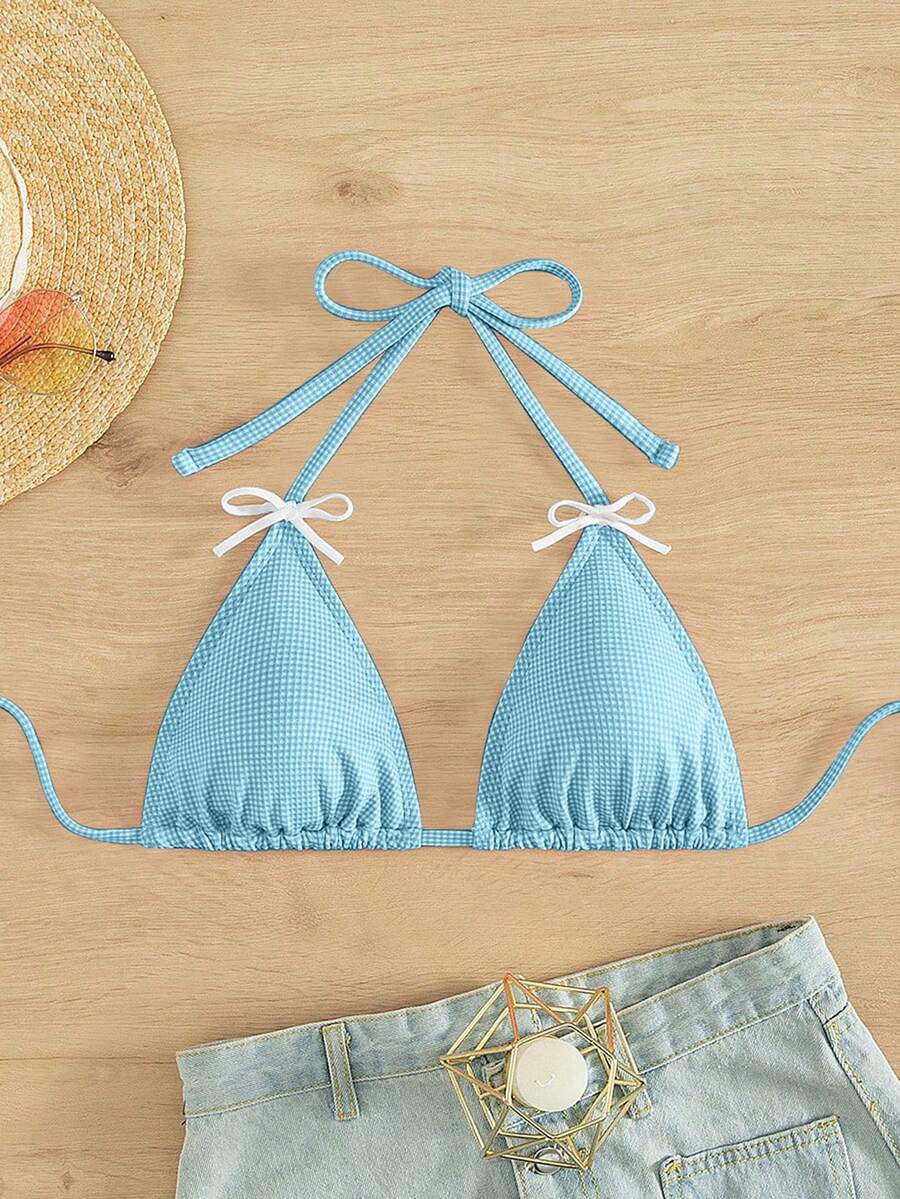 SHEIN Swim Áo bikini tam giác trang trí nơ cho nữ mùa hè - Màu xanh lam - Xem 1