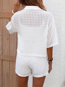SHEIN LUNE Women's Drop Shoulder Short Sleeve Shirt And Shorts Set - White - View 2