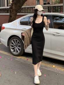 U领无袖纯色修身针织连衣裙，休闲春夏款，黑色 - 黑色 - 查看 1