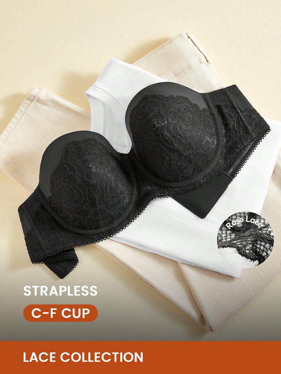 LUVLETTE Lencería sexy de talla grande, sostén de encaje sin tirantes push-up - Negro - Ver 1