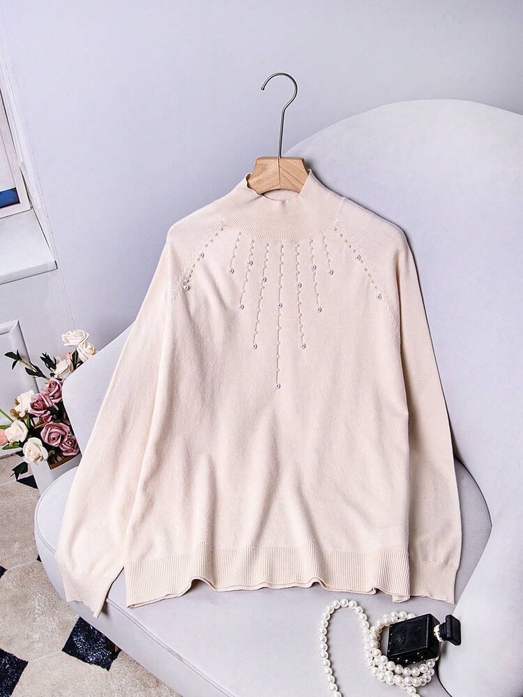 Plus Size Women's Slim Fit Sweater With Pearl Embellishment Fall Winter Cloth For Women
