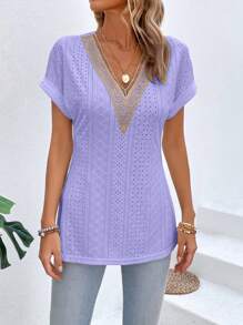 SHEIN LUNE Của phụ nữ Đúng mốt Cổ chữ V Ngắn tay Áo thun - Màu tím - Xem 3