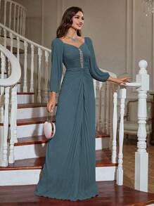 水晶缀饰灯笼袖褶饰伴娘礼服 - 霧霾藍 - 查看 1