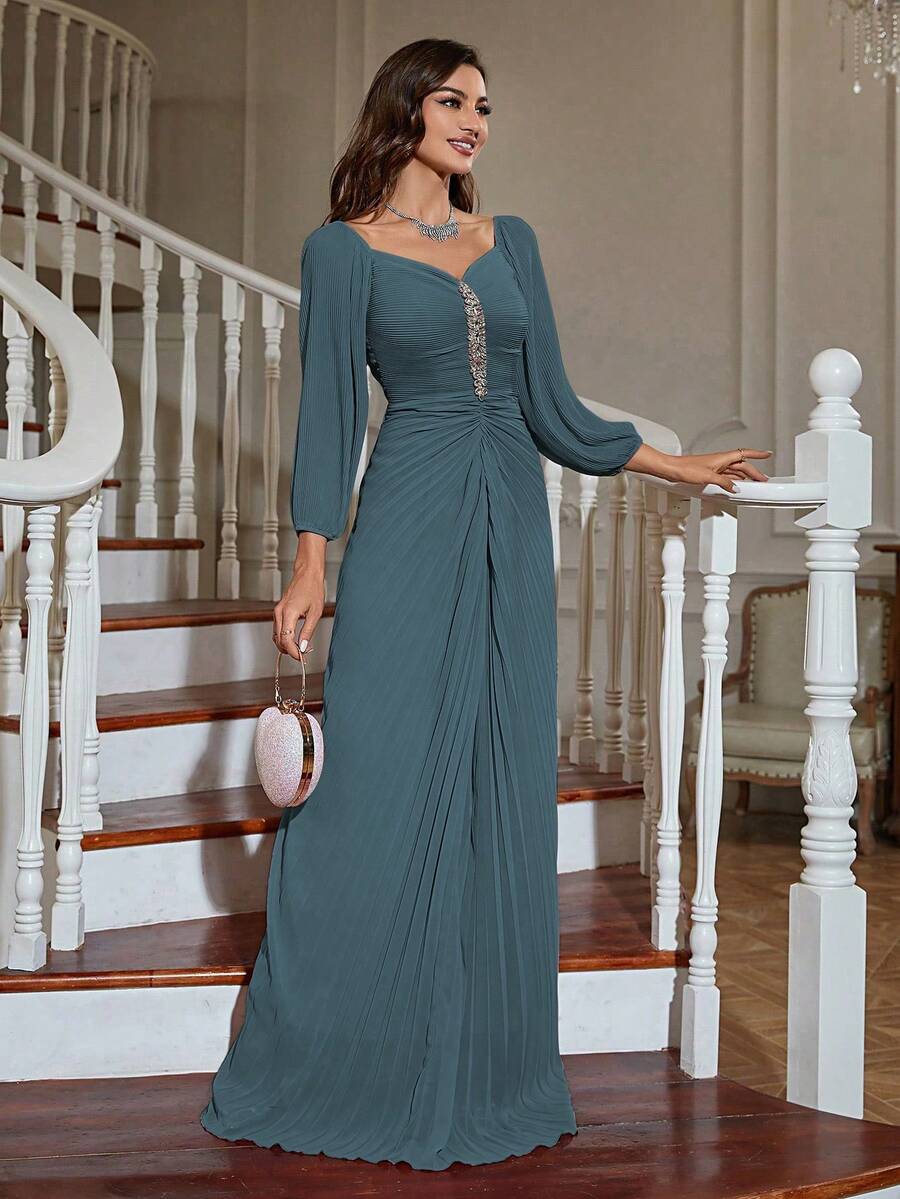 水晶缀饰灯笼袖褶饰伴娘礼服 - 霧霾藍 - 查看 1