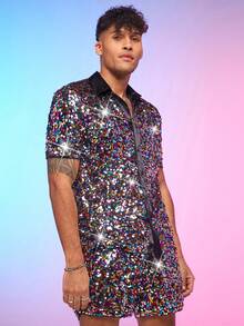 FeverCity Men's Knitted Casual Shirt And Shorts Set - Multicolor - View 5