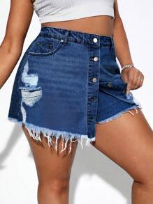 Plus Ripped Raw Cut Asymmetrical Hem Denim Skort - Medium Wash - View 4