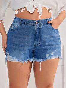 SHEIN VCAY Plus Size Distressed Washed Denim Shorts