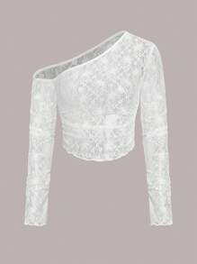 SHEIN Unity 女士性感不對稱領口長袖透視上衣 - 白色 - 查看 1