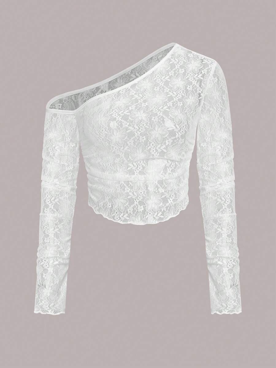 SHEIN Unity 女士性感不對稱領口長袖透視上衣 - 白色 - 查看 1