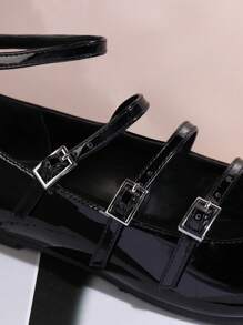 SHUZIA Glamorous Black Patent Pu Leather Ladies' Strap Buckle Round Toe Flat Shoe Heel Summer Shoes Spring Shoes Spring Break Easter Mother's Day Present