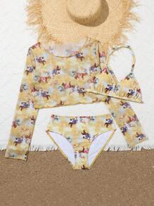 Teen Girl 3pcs/Set Random Printed Bikini Set + Ruffled Cover Up Top Summer Beach - Multicolor - View 4
