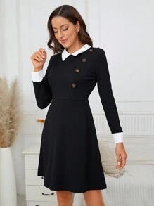 SHEIN Clasi Vestido de cuello en contraste con diseño de botón - Blanco y Negro - Ver 3