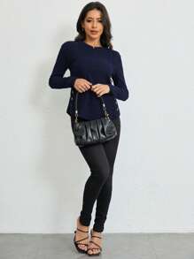 SHEIN LUNE Button Detail Ribbed Knit Tee Fall Cloth For Women