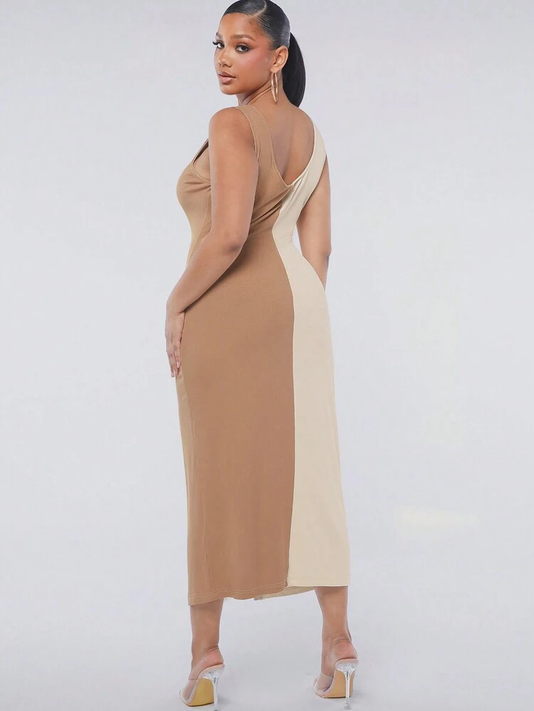 Plus Colorblock Lace Up Split Dress