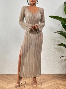 Breezaya 女式鑽孔高側分割針織連衣裙 - 卡其色 - 查看 4