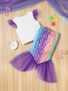 SHEIN Young Girl's Fun & Cute Mermaid Mesh Top With Ruffle Edge Detail And Fish Tail Skirt Set For Summer - Multicolor - View 2