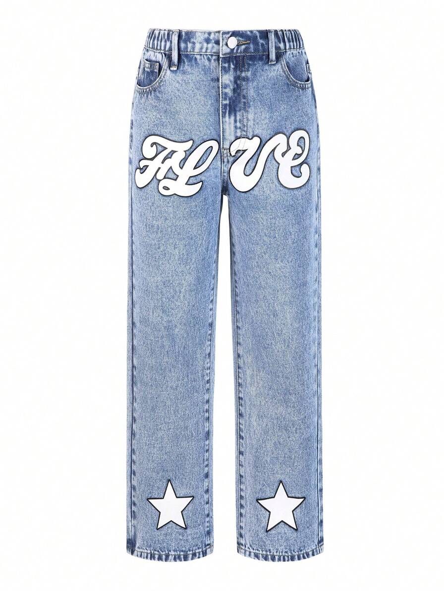 Tween Boys' Letter Printed Distressed Jeans - Medium Wash - View 1