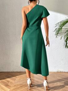 Chiquease Women's Solid Color Asymmetrical Neckline With Pleats And Slits Dress - Dark Green - View 2