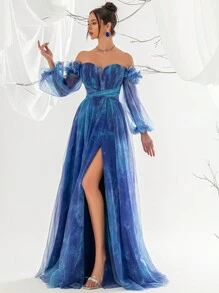 Elisanya Dreamy Elegant Off-Shoulder Gradient Blue Tulle A-Line Long Gown With Puff Sleeves And High Slit, Elegant Party, Prom Dresses For Women, Formal Evening Gown Long Sleeve Wedding Guest Dress, For Graduation, Dinner - Blue - View 3